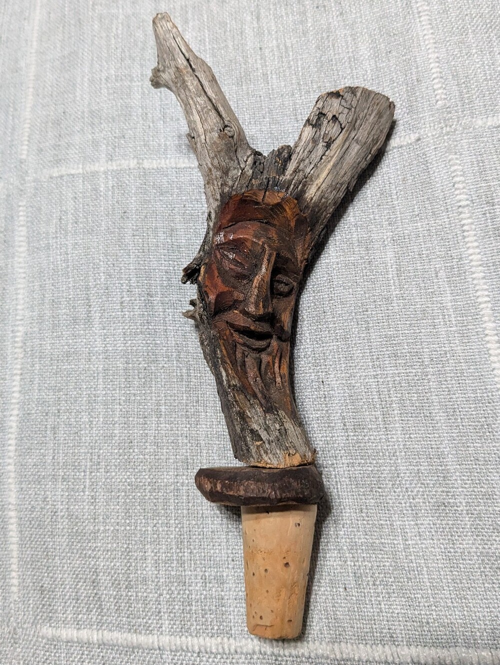 Vintage Hand-Carved Driftwood Face Bottle Stopper